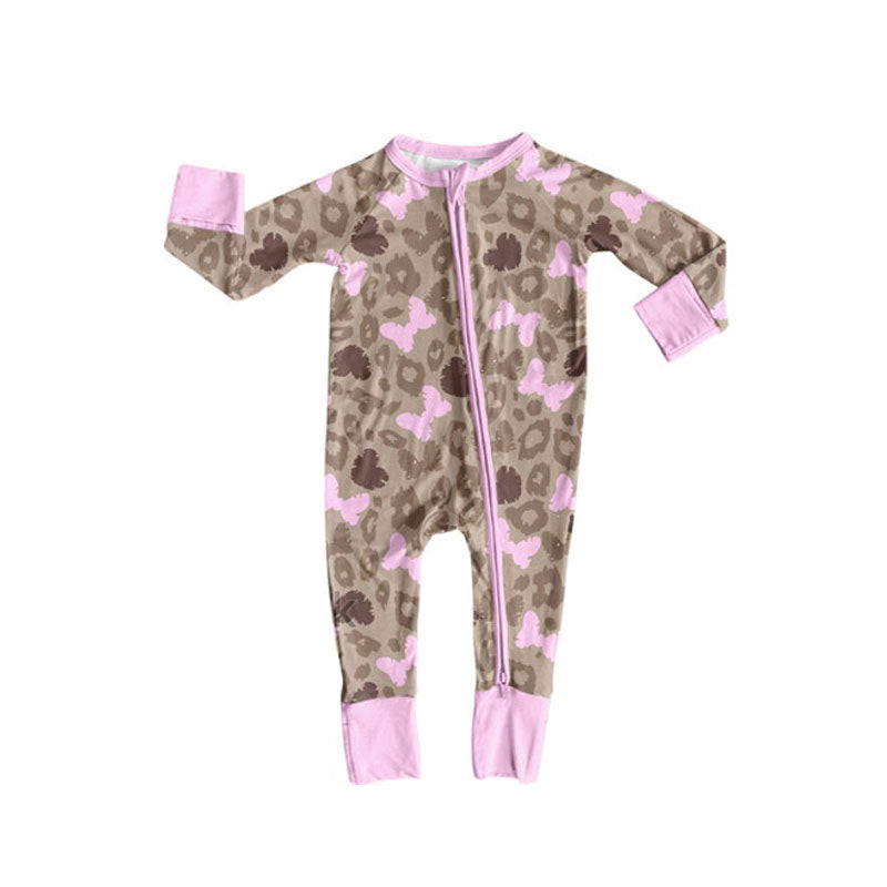 Preorder(moq 8)Baby Girls Brown Leopard Butterfly Zipper Footie Rompers