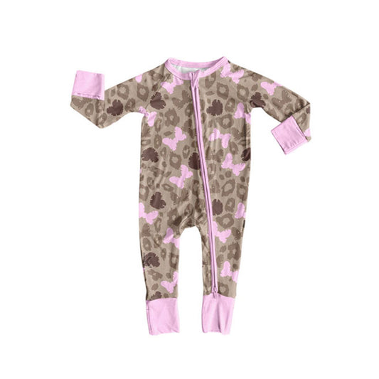 Preorder(moq 8)Baby Girls Brown Leopard Butterfly Zipper Footie Rompers