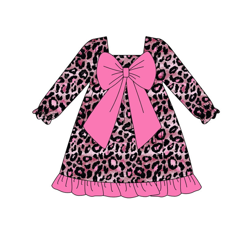 Preorder (moq 5)Baby Girls Pink Black Leopard Bows Ruffle Knee Length Dresses