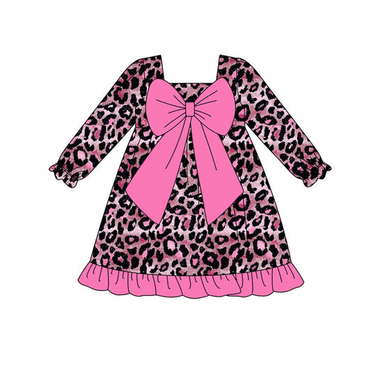 Preorder (moq 5)Baby Girls Pink Black Leopard Bows Ruffle Knee Length Dresses