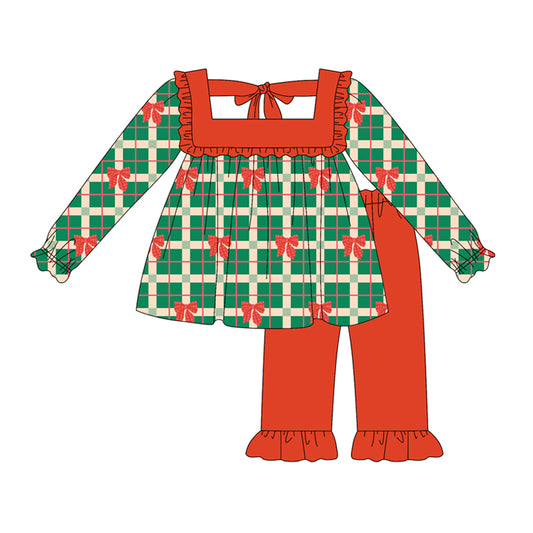 Preorder (moq 5)Baby Girls Long Sleeves Green Plaid Red Bows Tunic Ruffle Pant Set