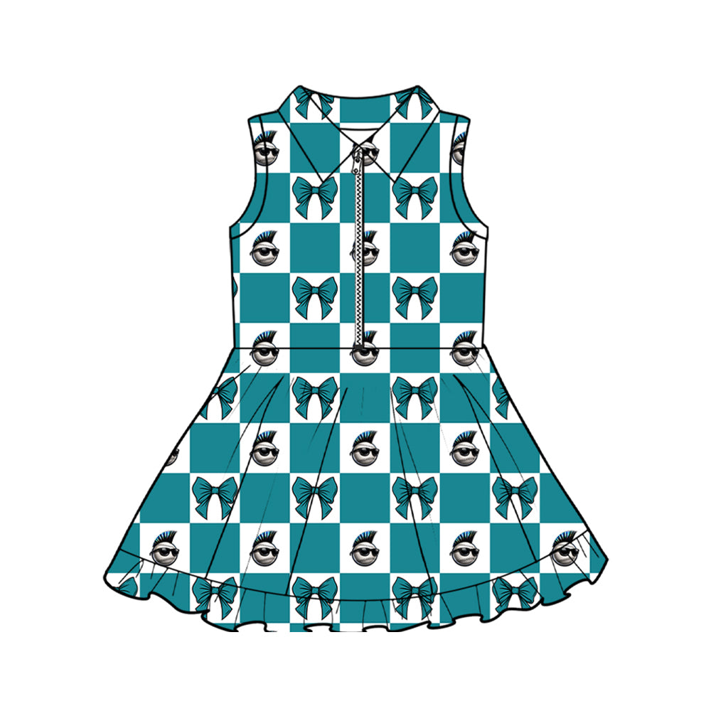Preorder (moq 5)Baby Girls Zip Green Bows Checked Chaos Yoga Active Team Short Knee Length Dress
