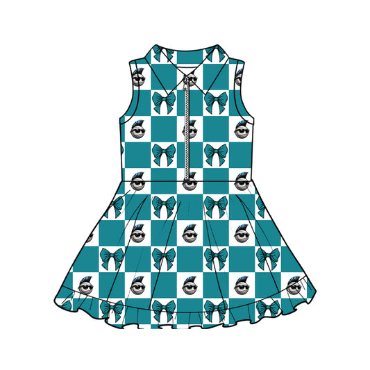 Preorder (moq 5)Baby Girls Zip Green Bows Checked Chaos Yoga Active Team Short Knee Length Dress