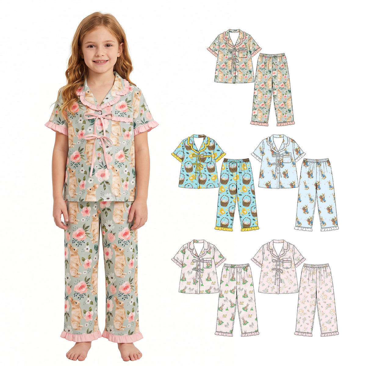 Preorder (moq 5) Baby Girl Clothes Peter Rabbit Floral Mixed Print Short Sleeve Ruffle Pajama Set