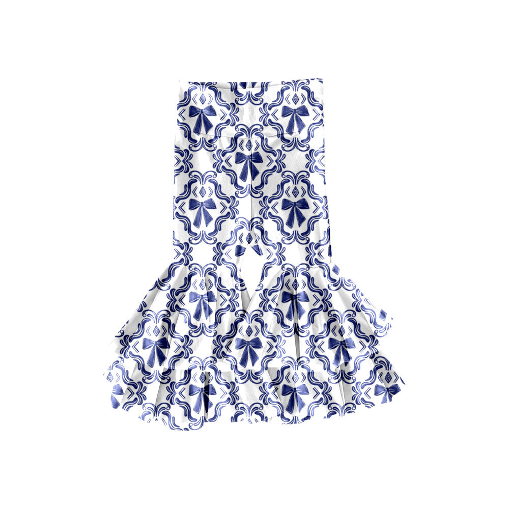 Preorder(moq 5) Baby Girls Navy Bows Checked Ruffle Bell Bottom Pants