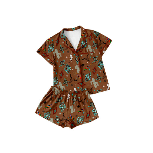Preorder (moq 5)Baby Girls Brown Short Sleeves Button Pocket Cactus Bull Skull Aztec Top Shorts Pajamas Set