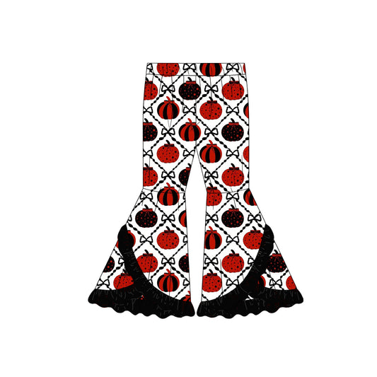 Preorder (moq 5)Baby Girls Bows Pumpkins Checked Fall Double Ruffle Bell Bottom Pants