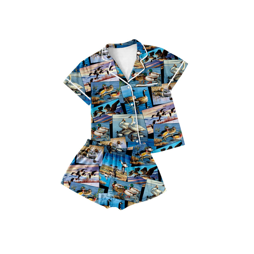 Preorder (moq 5)Baby Girls Duck Hunting Lapel Button Shirt Top Shorts Pajamas Outfits