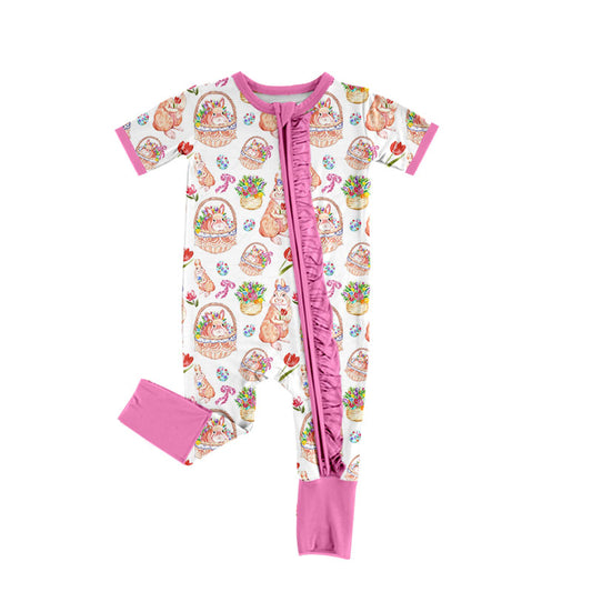 Preorder (moq 5) Baby Girl Clothes Easter Bunny Tulip Basket Floral Mixed Print Short Sleeve Zipper Ruffle Romper