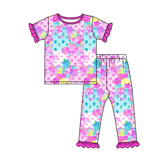 Preorder (moq 5)Baby Girls Hearts Flowers Checked Top Ruffle Pants Valentines Pajamas Sets