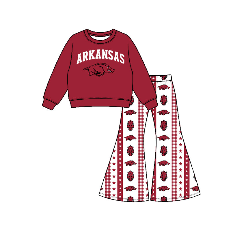 Preorder (moq 5) Girls Arkansas Football Team Long Sleeve Shirts Bell Pants Boutique Outfits Clothes Sets