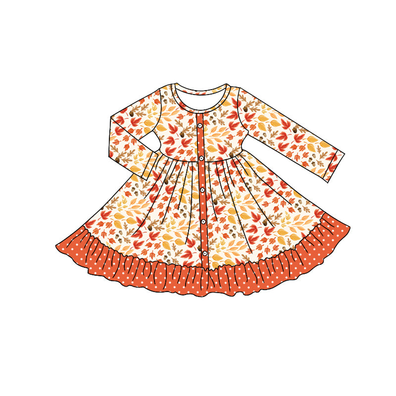 Preorder moq 5 Baby Girls Long Sleeves Maple Leaves Button Ruffle Knee Length Dresses