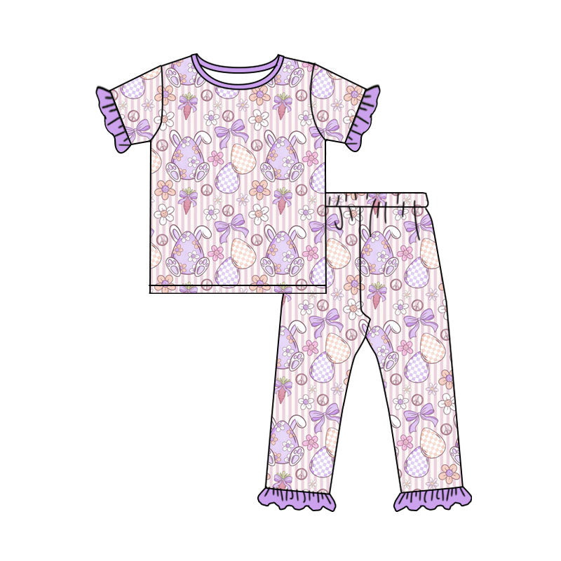 Preorder (moq 5) Baby Girl Clothes Easter Bunny Egg Stripe Mixed Print Short Sleeve Ruffle Top Long Pant Set