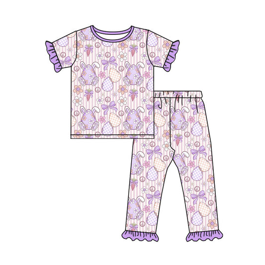 Preorder (moq 5) Baby Girl Clothes Easter Bunny Egg Stripe Mixed Print Short Sleeve Ruffle Top Long Pant Set