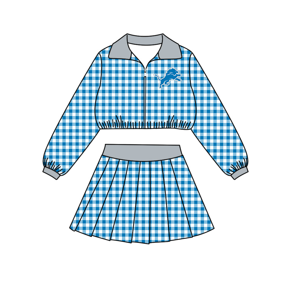 Preorder (moq 5)Baby Girls Blue Checked Lions Zip Pullovers Skirt Short Team Clothes Set