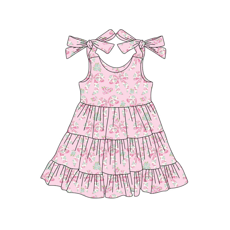Preorder (moq 5)Baby Girls Pink Strap Flowers Bows Ruffle Knee Length Dresses