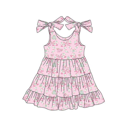 Preorder (moq 5)Baby Girls Pink Strap Flowers Bows Ruffle Knee Length Dresses