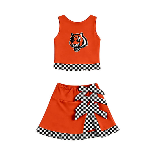 Preorder (custom moq 5)Baby Girls Tigers Vest Bows Ruffle Skirt Short Team Clothes Sets