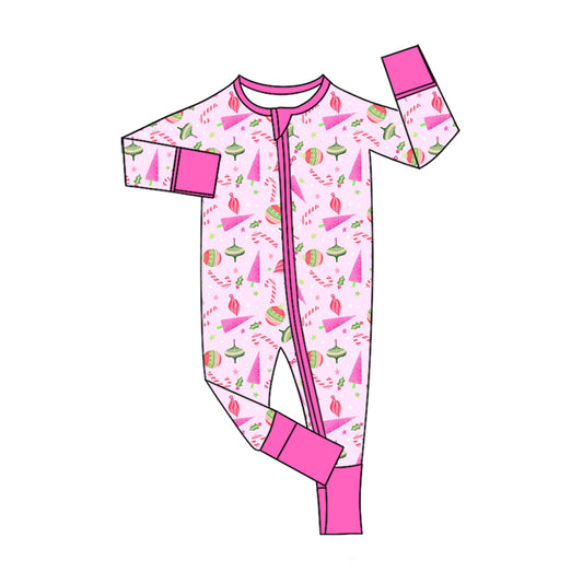 Preorder (moq 5)Baby Girls Candy Cane Christmas Two Way Zip Convertible Rompers