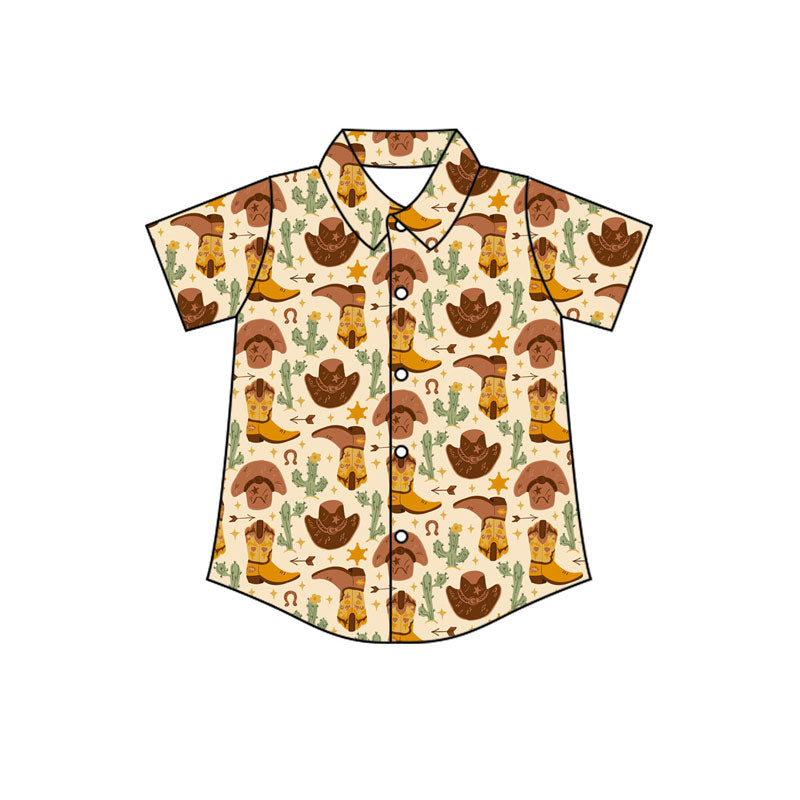 Preorder(moq 5) Baby Boys Short Sleeve Cactus Boot Western Button Shirts Top