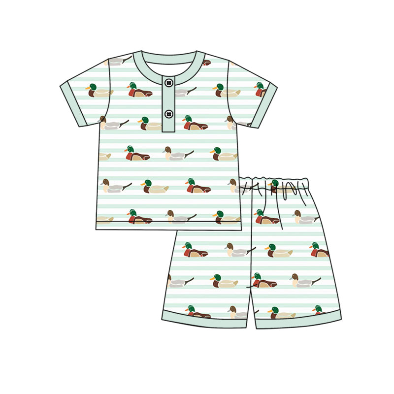 Preorder (moq 5)Baby Boys Ducks Green Shirt Ruffle Shorts Pajamas