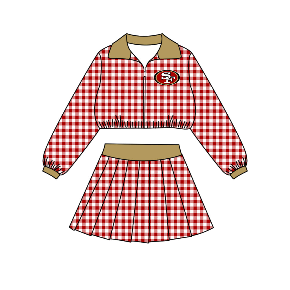 Preorder (moq 5)Baby Girls Red Checked 49ERS Zip Pullovers Short Team Clothes Set