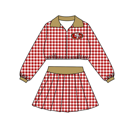 Preorder (moq 5)Baby Girls Red Checked 49ERS Zip Pullovers Skirt Short Team Clothes Set