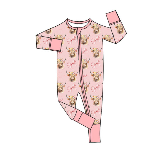 Preorder (moq 5)Baby Girls Pink Bows Highland Cows Western Two Way Zip Convertible Rompers
