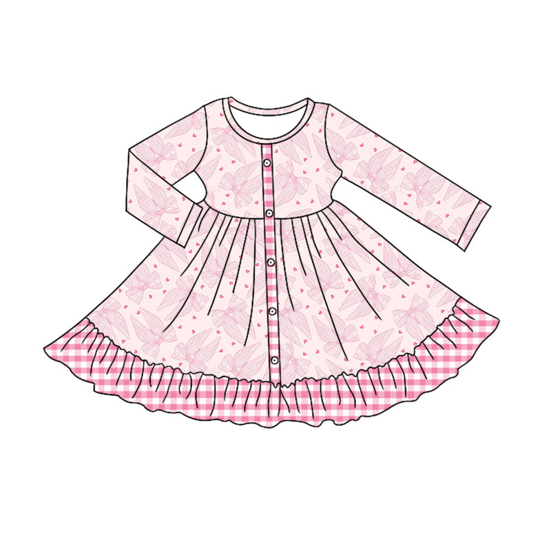 Preorder(moq 5) Baby Girls Bows Hearts Valentines Button Ruffle Knee Length Dress