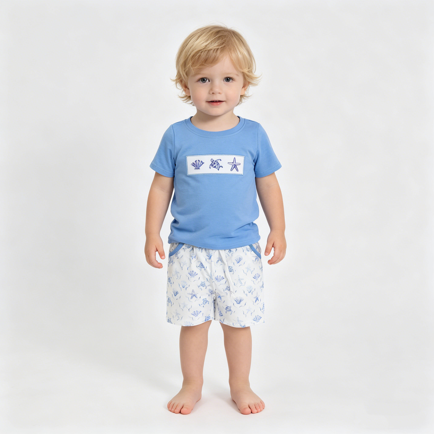 Embroidery Shell Starfishes Baby Boys Shirt Top Pockets Short Clothes Sets
