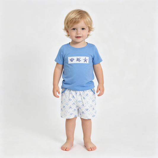 Embroidery Shell Starfishes Baby Boys Shirt Top Pockets Short Clothes Sets