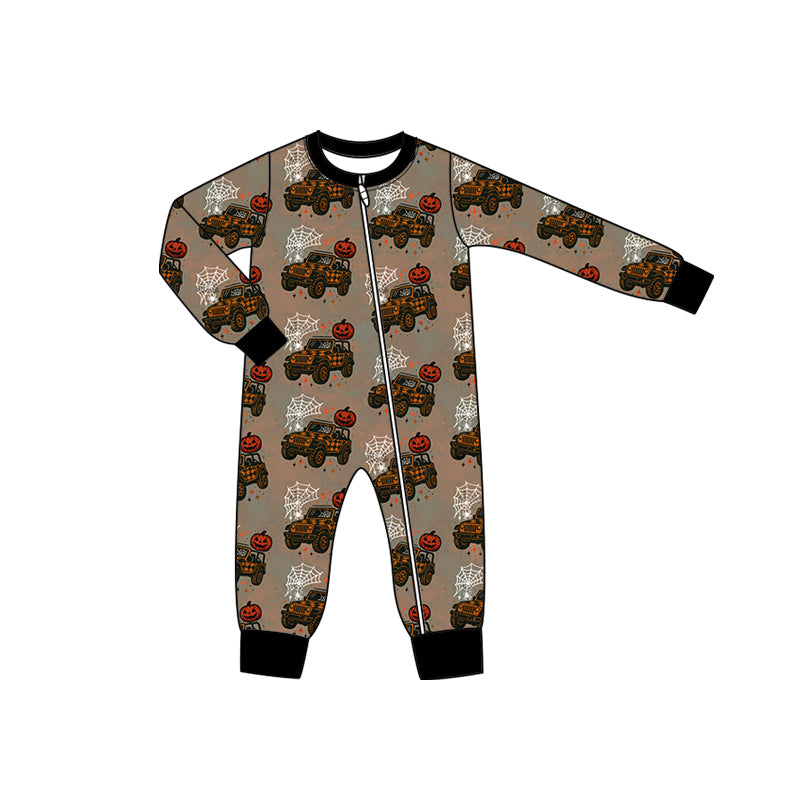 Preorder moq 5 Baby Infant Boys Long Sleeves Ghost Pumpkins Trucks Plaid Zipper Romper