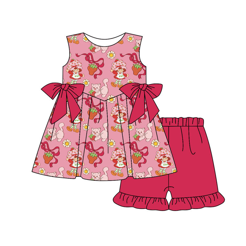 Preorder(moq 5) Baby Girls Flowers Strawberry Girls Bows Tunic Ruffle Shorts Clothes Sets