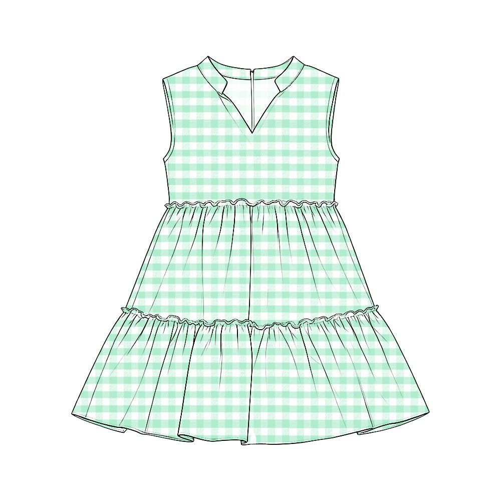 Preorder (moq 5) Girls Sleeveless Tiered Dresses, Green & White Plaid Collared V-Neck Ruffle Dress