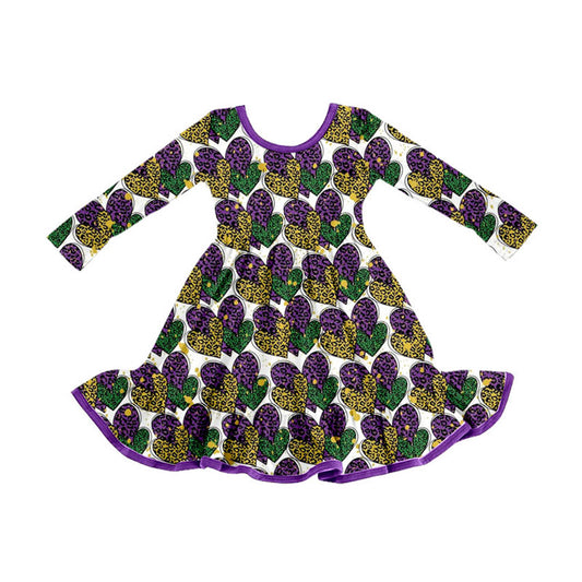 Preorder (moq 5)Baby Girls Leopard Hearts Mardigras Ruffle Knee Length Dresses