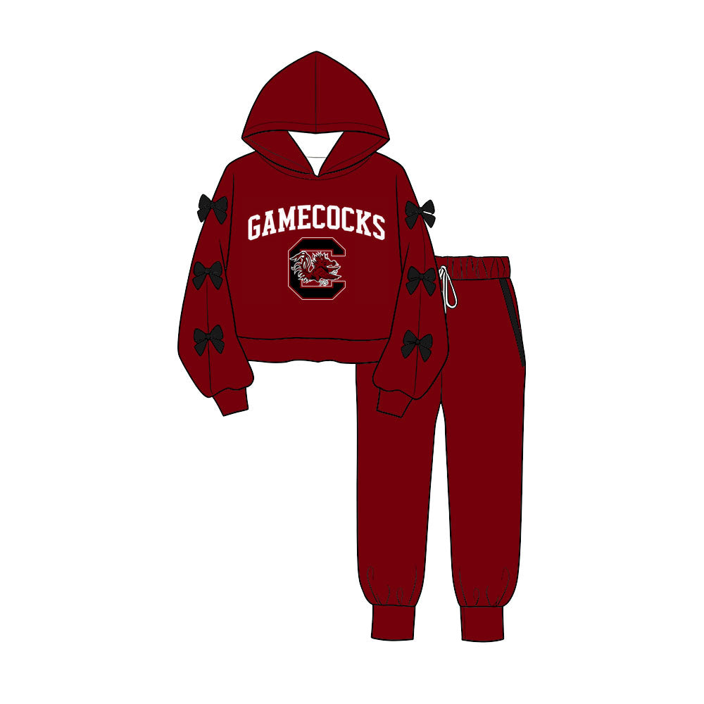 Preorder (moq 5) Baby Girls Bows Sleeves Gamecocks Hoodie Pockets Jogger Team Clothes Sets