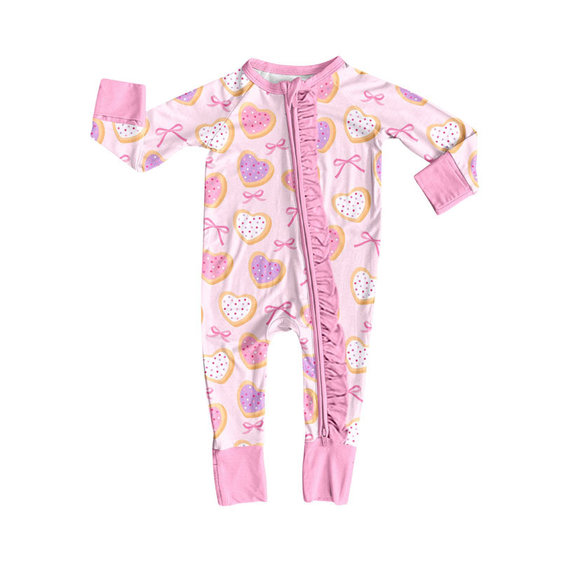 Preorder (moq 5)Baby Girls Pink Hearts Bows Valentine Ruffle Zipper Footie Rompers