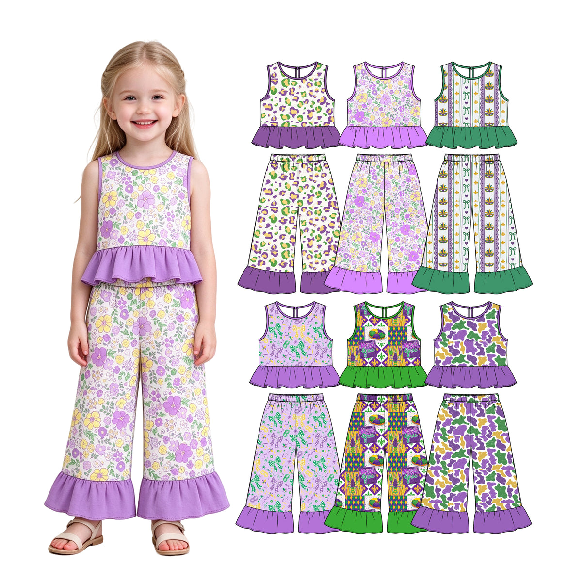 Preorder (moq 5) Baby Girl Clothes Mardi Gras Leopard Print Sleeveless Ruffle Top Flare Pant Set