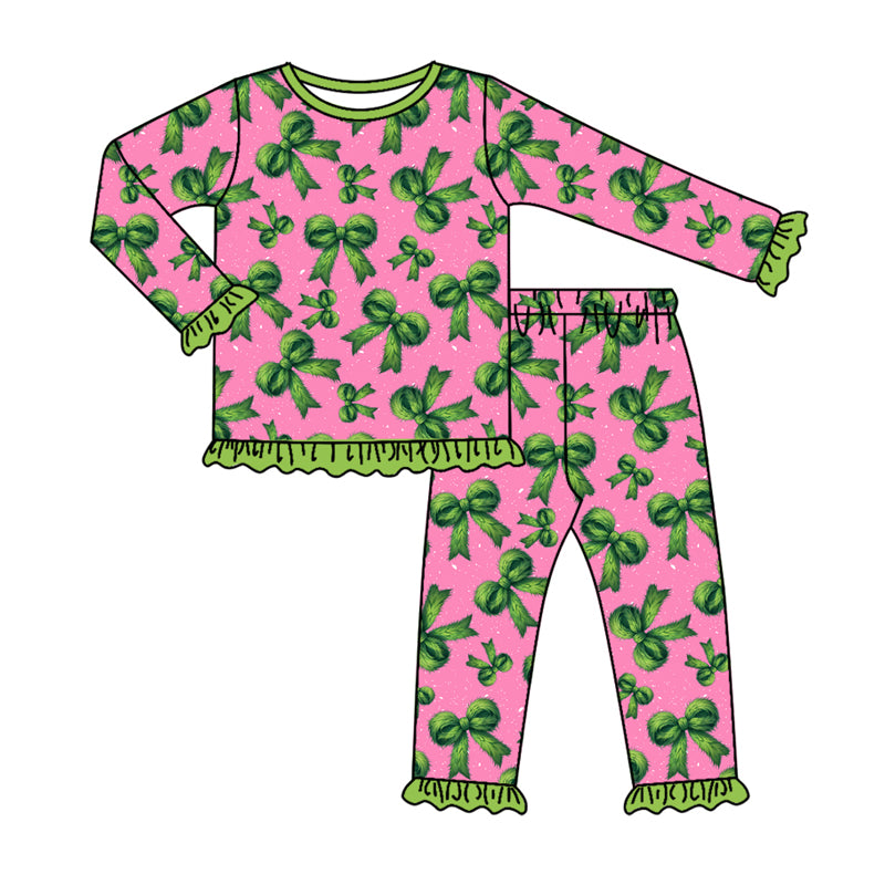 Preorder(moq 5) Baby Girls Long Ruffle Sleeves Green Bows Plaid Top Pants Pajamas Set