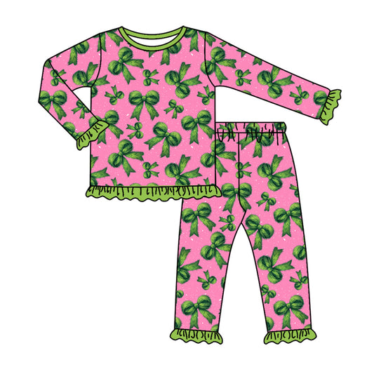 Preorder(moq 5) Baby Girls Long Ruffle Sleeves Green Bows Plaid Top Pants Pajamas Set