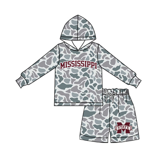 Preorder (moq 5) Baby Boys Grey Camo Mississippi Long Sleeve Hoodie Short Team Clothes Sets