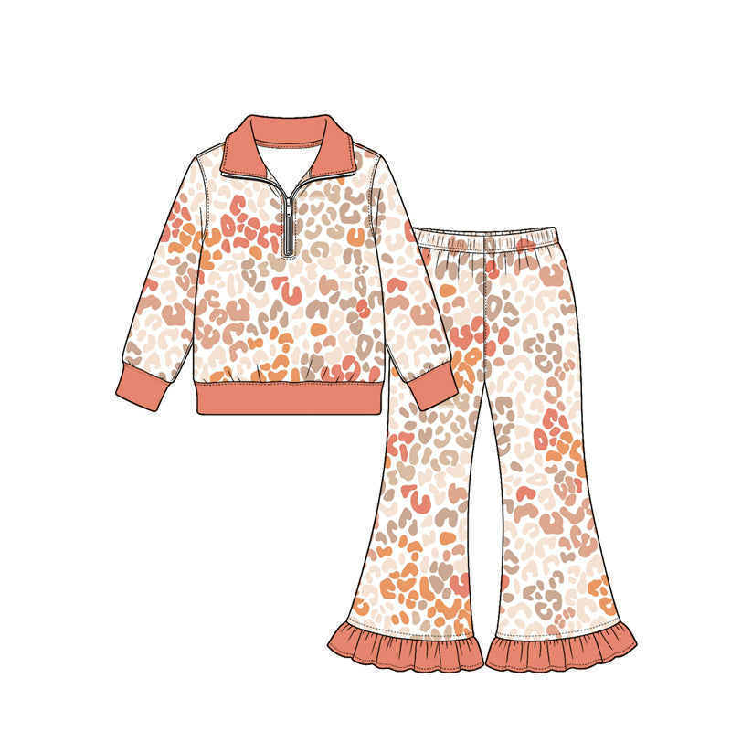 Preorder (moq 5) Baby Girl Clothes Neutral Boho Leopard Print Long Sleeve Half Zip Top Ruffle Flare Pant Set