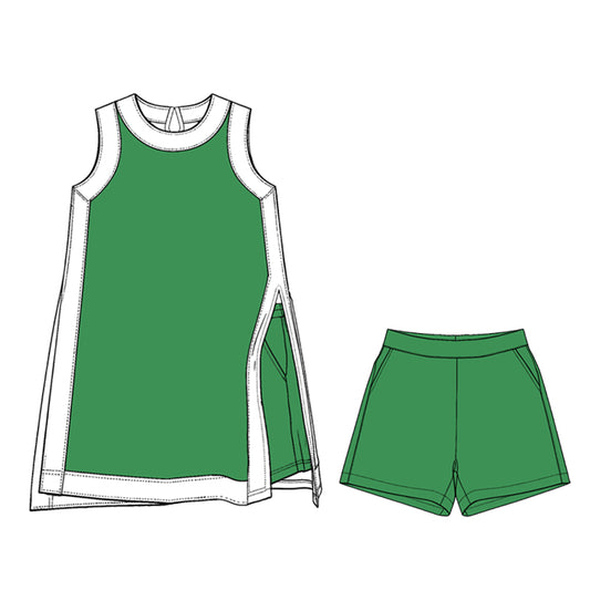 Preorder (moq 5)Adult Women White Green Split Skirt Pockets Short Clothes Sets