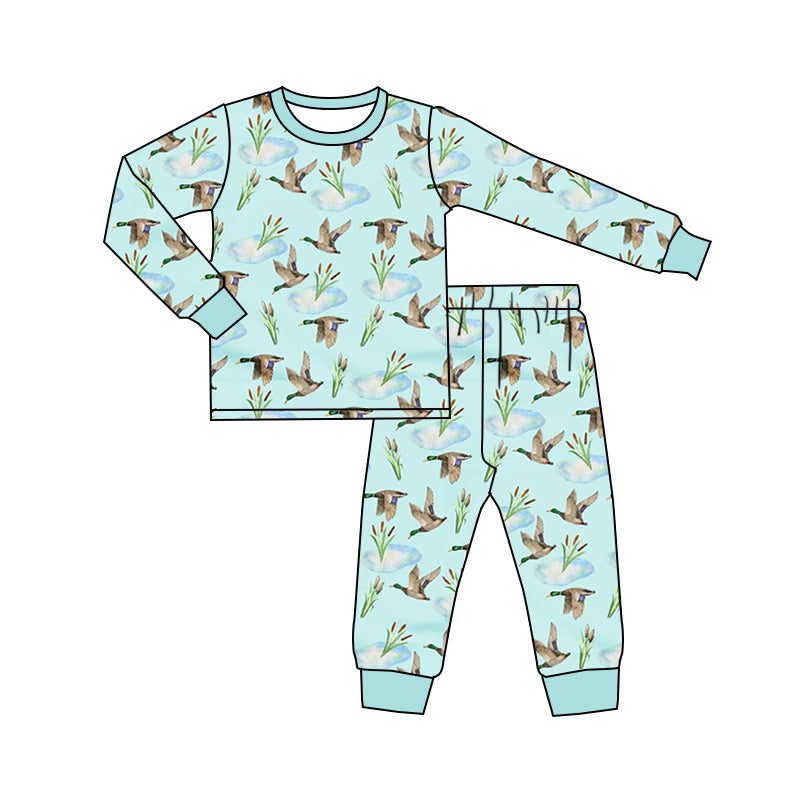 Preorder (moq 5) Baby Boy Clothes Light Blue Water Mallard Duck Allover Print Long Sleeve Jogger Pajama Set