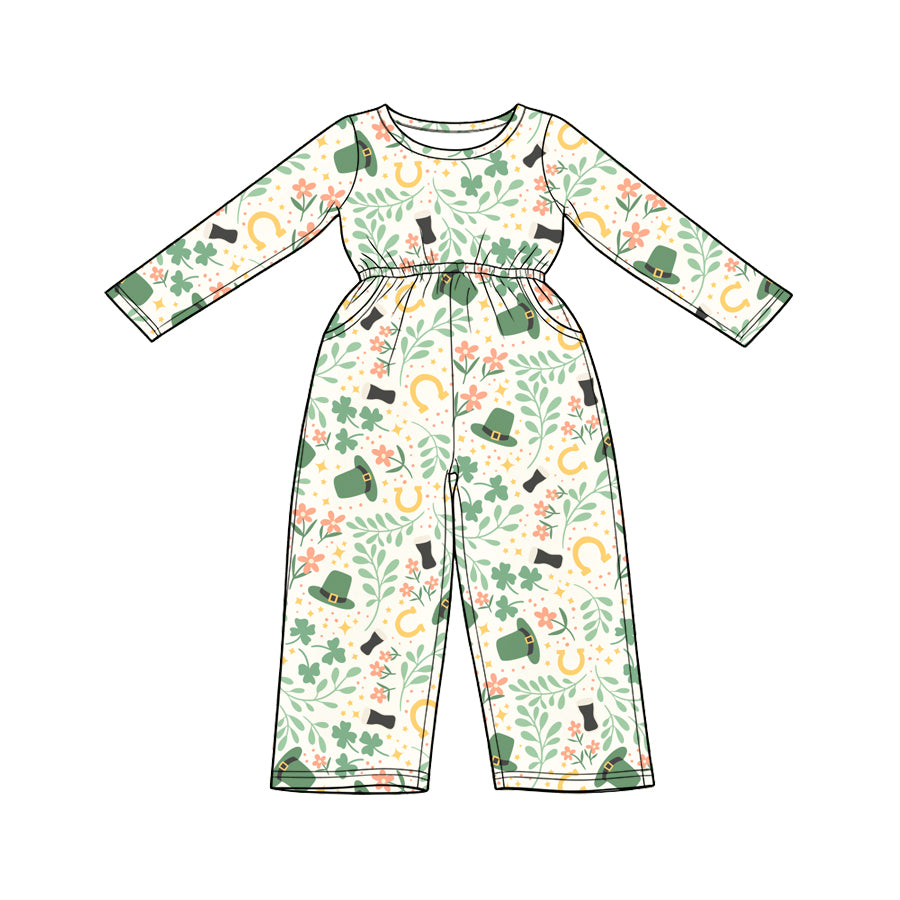 Preorder (moq 5) Baby Girl Clothes St Patrick’s Day Clover Floral Hat Horseshoe Allover Print Long Sleeve Elastic Waist Jumpsuit