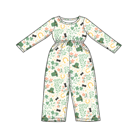 Preorder (moq 5) Baby Girl Clothes St Patrick’s Day Clover Floral Hat Horseshoe Allover Print Long Sleeve Elastic Waist Jumpsuit