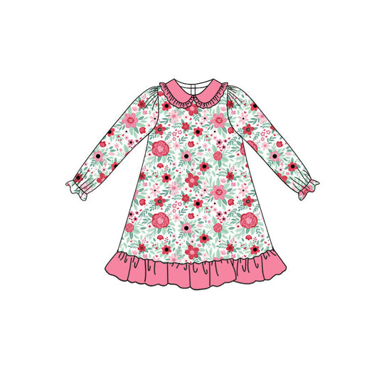 Preorder (moq 5)Baby Girls Long Sleeve Pink Flowers Ruffle Knee Length Dresses