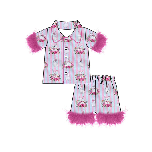 Preorder (moq 5) Baby Girl Clothes Easter Bunny Bouquet Pink Blue Stripe Print Short Sleeve Feather Trim Pajama Short Set