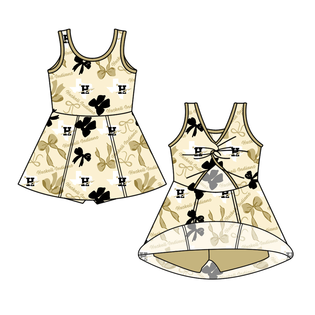 Preorder (moq 5)Baby Girls Sleeveless Haskell Indians Bows Plaid Shorts Team Knee Length Dresses