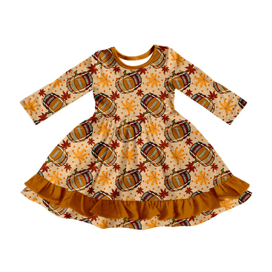 Preorder (moq 5)Baby Girls Long Sleeves Football Pumpkins Plaid Ruffle Knee Length Dresses